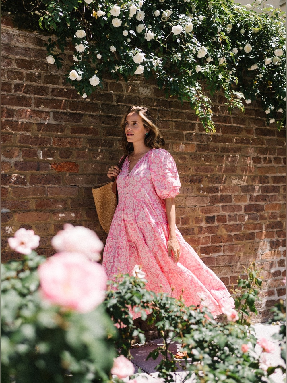 THE GREAT. Pink Floral Puff-Sleeve Tiered Midi Dress size medium size 2 - Picture 14 of 15